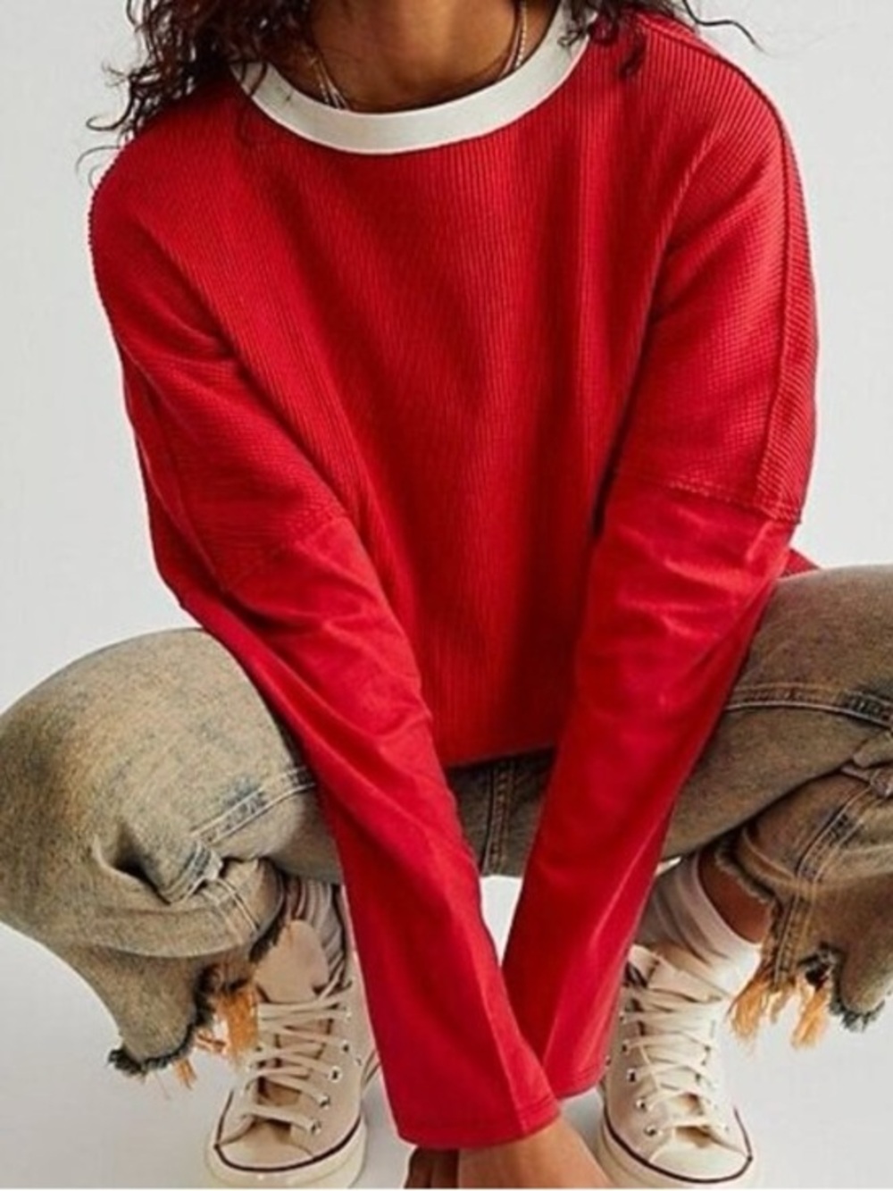 We The Free by Free People Jayson Ringer Thermal Tee Red Sz Medium